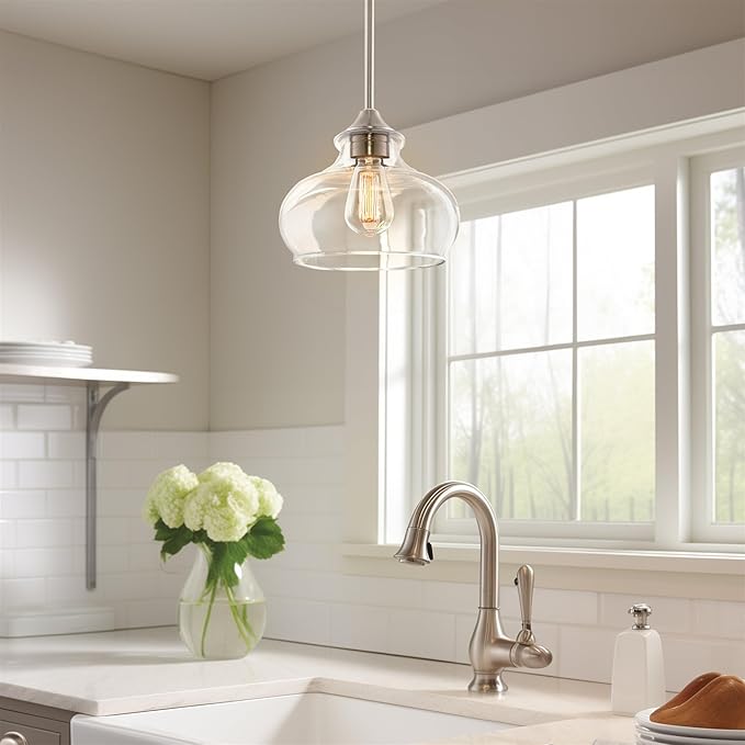 Kira Home Harlow 9" Modern Schoolhouse Pendant Light with Clear Glass Shade, Industrial Farmhouse Silver Hanging Light with Schoolhouse Glass, Brushed Nickel Finish