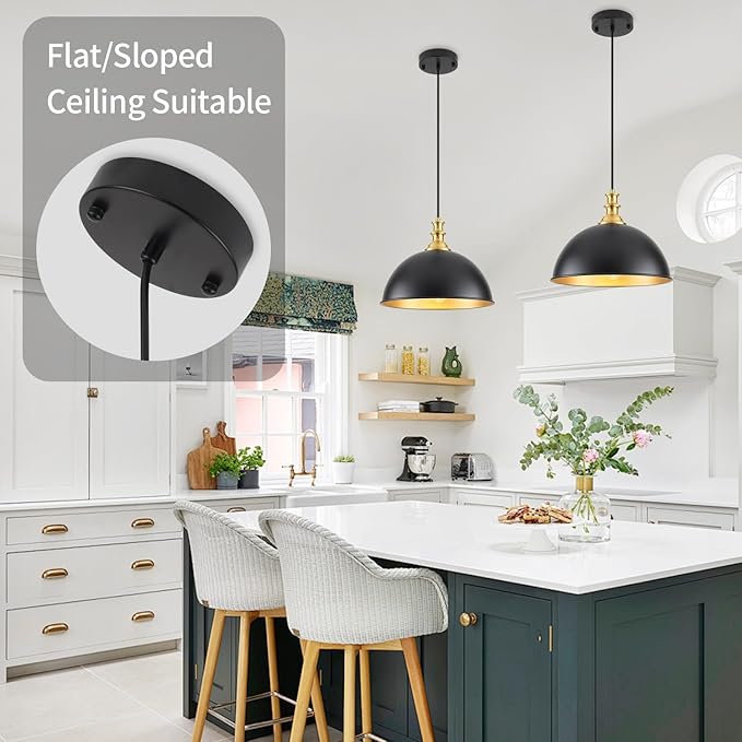 TOULMJ Black Pendant Lights Kitchen Island 2 Pack Farmhouse Pendant Lighting Over Island Adjustable Hanging Hallway Light Fixtures Vintage Dome Chandelier for Hallway Dining Room Foyer Bedroom
