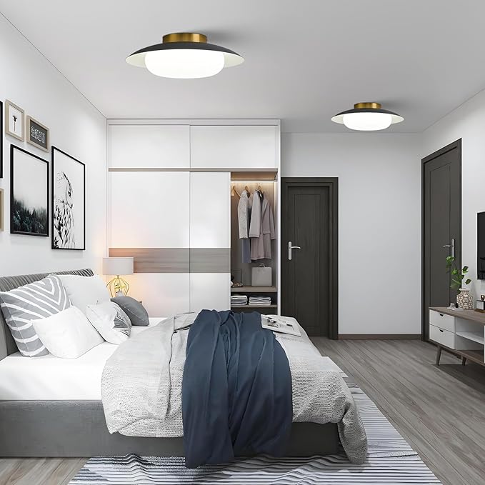 15.75 inch Modern LED Semi Flush Mount Ceiling Light - Round Matte Black and Gold 36W 5000K Daylight Not Dimmable Bright Fixture for Kitchen Master Bedroom Living Room Entryway Lighting