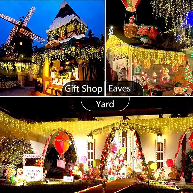 Sherno 1Pcs LED Solar String Lights, 8 Modes Icicle Curtain Lights, Outdoor Fairy Lights for Christmas, Garden, Party Decoration (Warm White, 137.8inch 96LEDs)