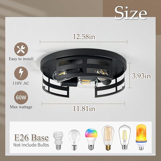 13 inch 3-Light Black Flush Mount Ceiling Light Fixture,Light Fixtures Ceiling Mount for Hallway,Hall,Kitchen,Farmhouse (2 Pack)