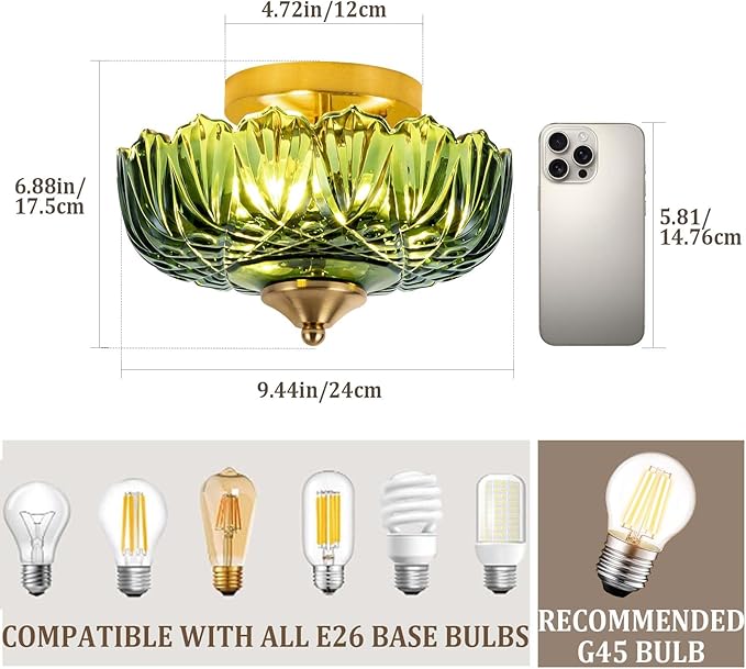 Semi Flush Mount Ceiling Light,Vintage Ceiling Light 9.44 Inch E26 Small Green Glass Ceiling Lighting for Living Room Kitchen Bedroom Hallway 3 Light(Bulb Not Included)