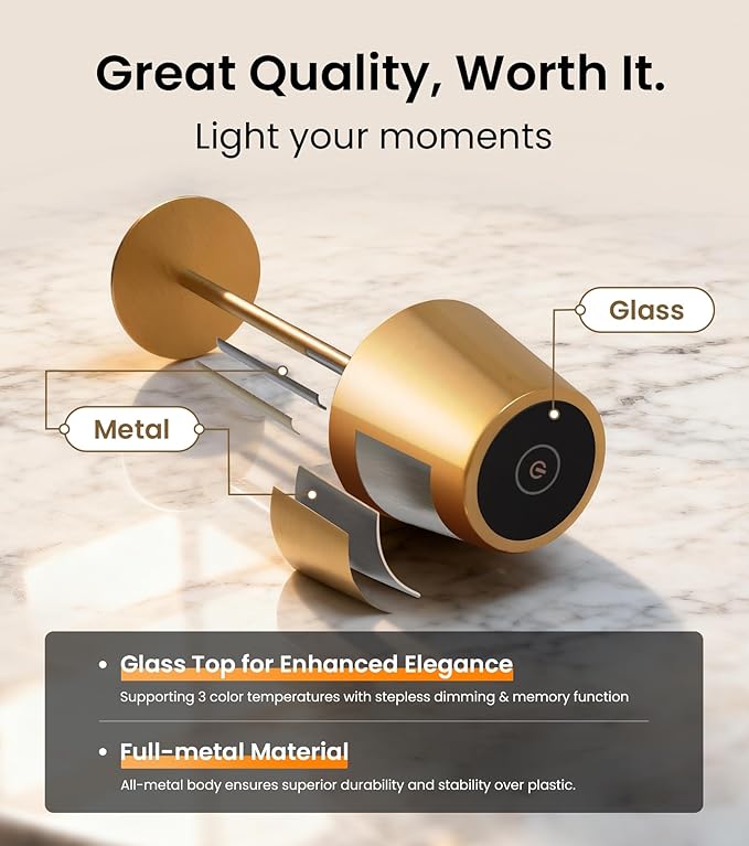 Cordless Table Lamp, Portable Battery Operated Lamp with 3 Color Temps and Stepless Dimming, Rechargeable Table Lamp for Dinner, Desk, Cafe, Outdoor (Brushed Gold)