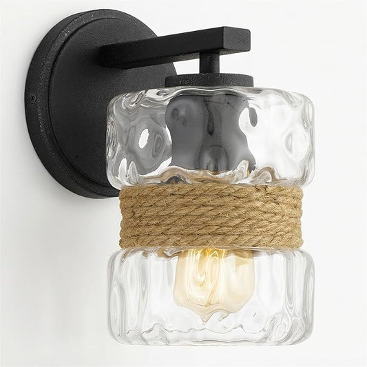 Kira Home Sage 9.5" Farmhouse Hammered Glass Wall Sconce with Natural Rope Accent, Industrial Cylinder Glass Shade Wall Light, Textured Black Finish