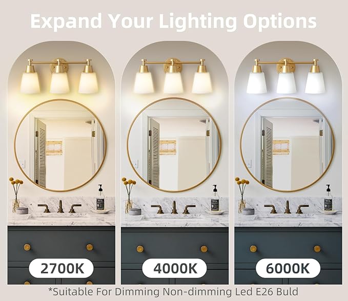 Milk Glass Bathroom Vanity Light Over Mirror, 3 Light Brushed Gold Stainless Steel Wall Mount Modern Vanity Light Fixture with Frosted Glass for Bathroom