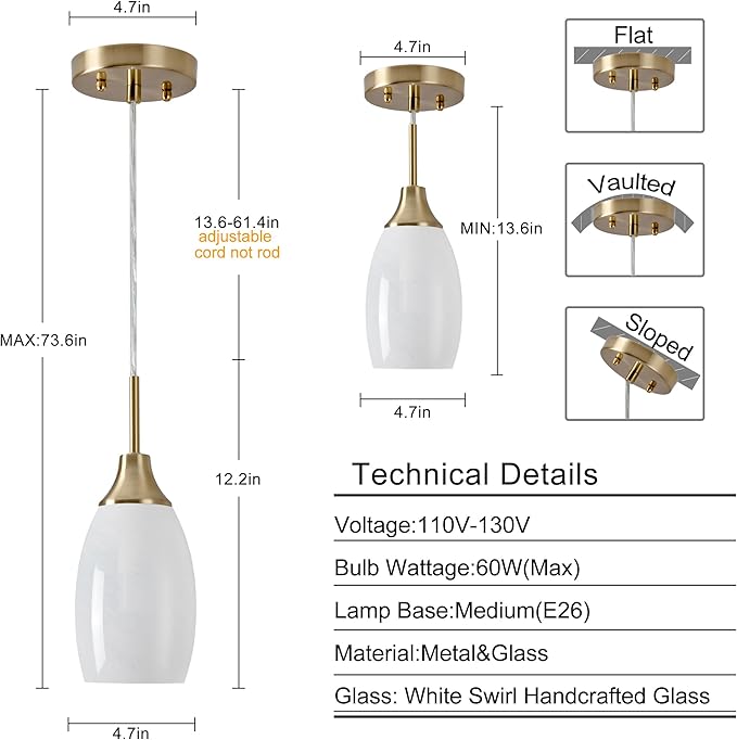 Viinew Mini Glass Pendant Light 3-Pack Handblown Art White Swirl Oval Hanging Pendant Lamp 4.72" Glass Chandelier for Kitchen Island Dining Room Living Foyer Hallway Entry Brushed Gold Finish