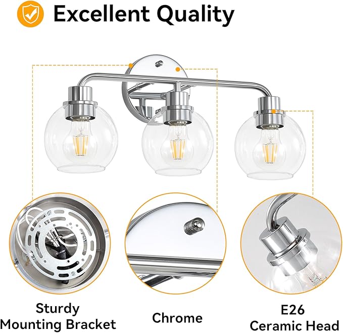 Bathroom Light Fixtures Chrome Vanity Light Silver 3 Light Modern Wall Sconces Lighting Bathroom Lights with Globe Glass Shades Bath Wall Lights Wall Lamp for Mirror Kitchen Living Room Hallway