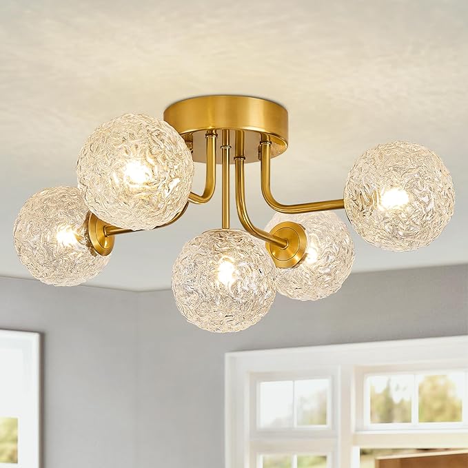 Sputnik Semi Flush Mount Ceiling Light Mid Century Modern Gold Ceiling Light 5 Lights Clear Glass Globe Chandelier for Bedroom Kitchen Entryway Closet