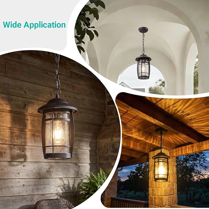 LOUSACE 1-Light Outdoor Pendant Light for Porch - Oil Rubbed Bronze Outdoor Chandelier Lantern Waterproof Aluminum Exterior Hanging Porch Light with Seeded Glass for Entrance, Gazebo, Patio, ETL List
