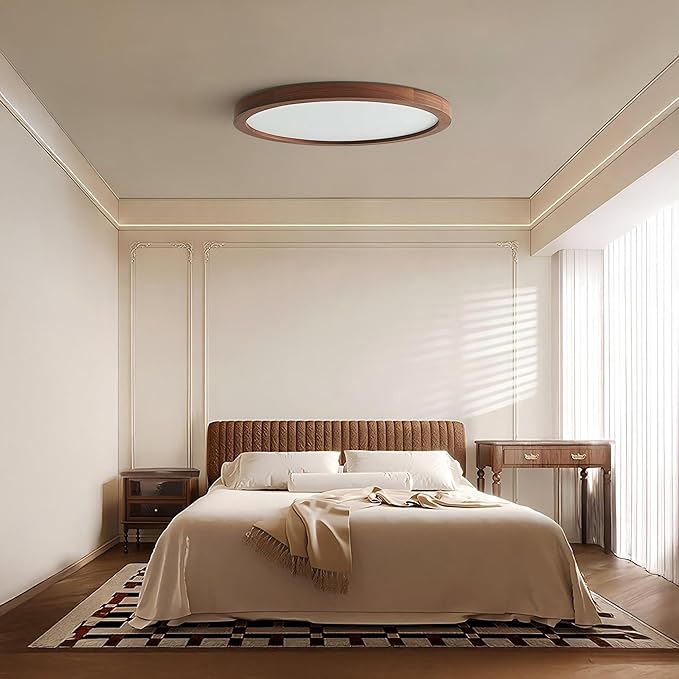Ultra-Thin LED Ceiling Light Fixture 24.4", Handcrafted Walnut Wood Modern Wabi-Sabi Style, Slim 2.5cm Profile, 37W LED 3000K-4000K-6000K, Round Minimalist Lamp for Bedroom Kitchen Hallway
