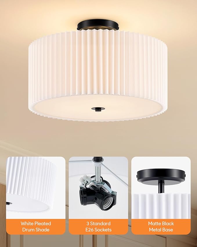 VONLUCE Semi-Flush Mount Ceiling Light, 15.7" Modern 3-Light Ceiling Light Fixture with White Pleated Drum Shade 3 E26 Sockets for Bedroom Entryway Living Room, Black Finish, ETL Certificated