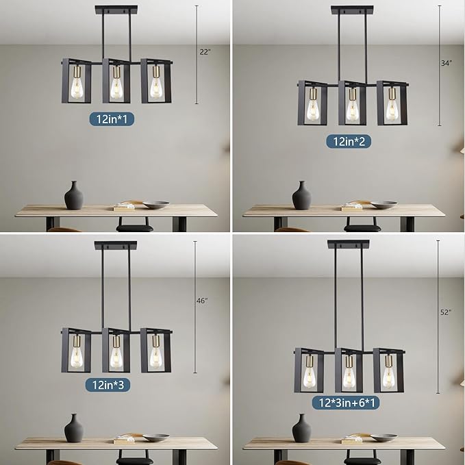 9MMML 3 Lights Kitchen Island Lighting, Modern Rectangle Linear Pendant Light, Black Frame+ Gold Socket Chandelier for Dining &Living Room Foyer Entryway Hallway,E26,Height Adjustable.