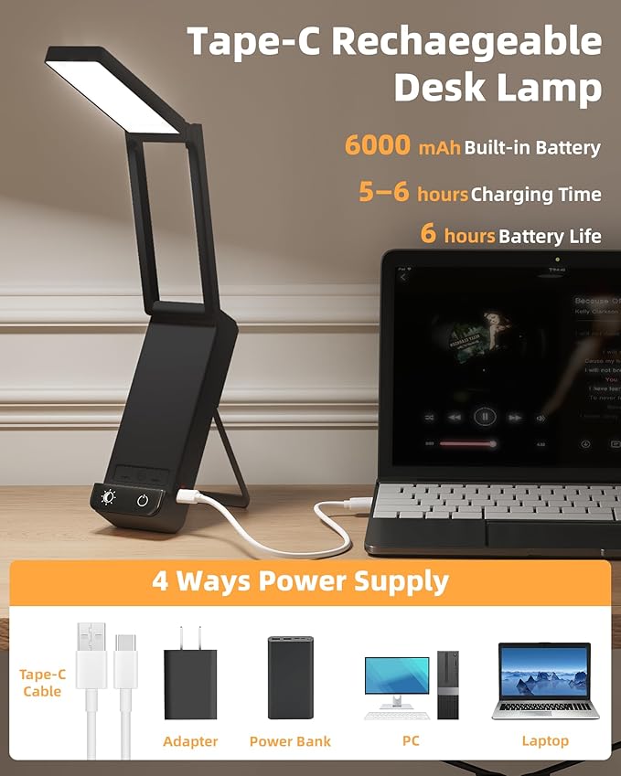 EZVALO LED Rechargeable Desk Lamp, 6000mAh Battery Operated Light, Cordless Table Lamp for Book Reading, Foldable Mini Lamp & Portable, 3 Color Dimmable Small Wireless Reading Lamp, Black