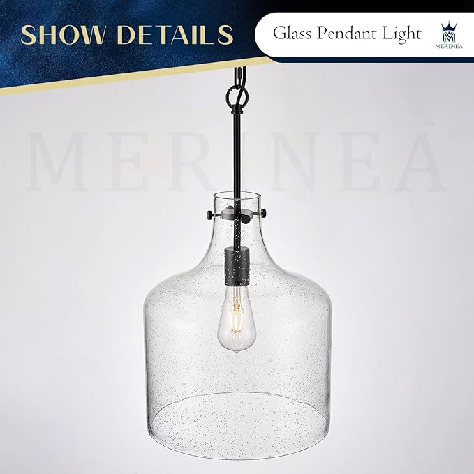 12" Black Seeded Glass Pendant Light Modern Hanging Ceiling Light for Kitchen Island Dining Room Hallway Farmhouse Hand-Blown Bubble Glass Lighting, E26 Socket