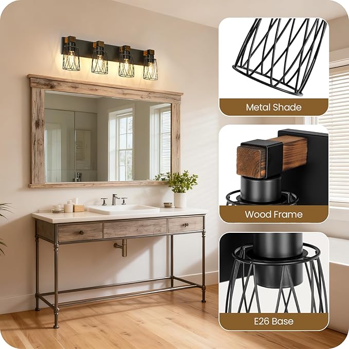 Industrial Farmhouse Bathroom Vanity Light, 4-Light Wood and Metal Wall Light Fixture, E26 Bulbs Not Included, for Bathroom, Vanity, Hallway, Black and Rustic Brown B20BD05