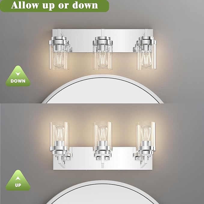 Espird Chrome Light Fixtures, 3 Light Bathroom Vanity Light with Clear Glass Shade, 22in Modern Vanity Light, Bathroom Lighting Fixtures Over Mirror for Living Room