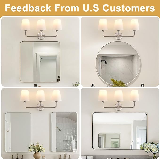 Bathroom Light Fixtures, 3-Light Brushed Nickel Vanity Lights, 24.5" Bathroom Lighting Fixtures Over Mirror with White Fabric Shade, Modern Wall Sconces for Bedroom Living Room Hallway