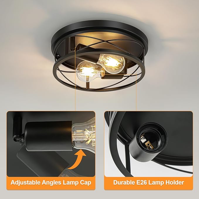Farmhouse Lights,Black Industrial 2 Pack Round Metal Flush Mount Hallway & Bedroom Ceiling Lamp, Kitchen Round Lights (Bulbs Not Included)