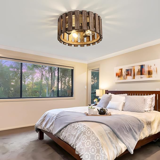 Farmhouse Flush Mount Ceiling Light, 12.2 Inch 3-Light Metal and Wood Close to Ceiling Light Fixture, Rustic Ceiling Light for Kitchen, Dining Room, Living Room, Hallway