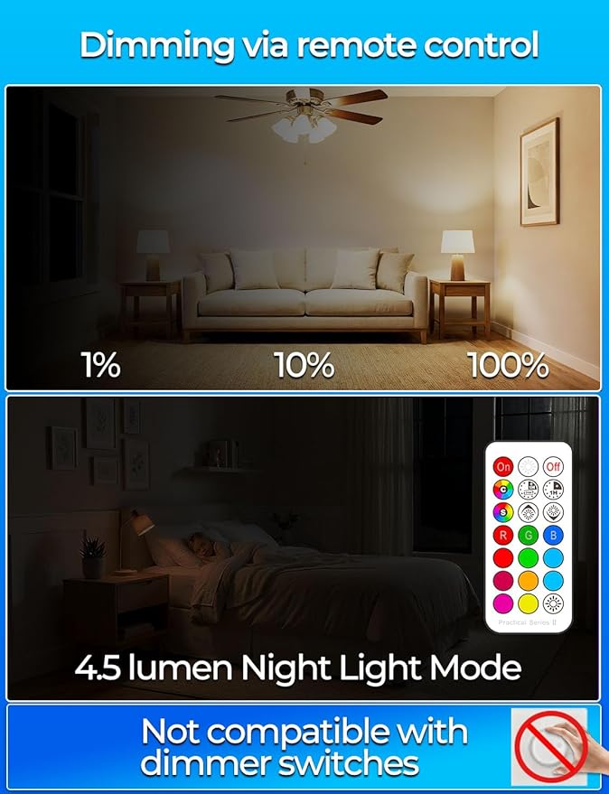 ILC RGB LED Light Bulb, Color Changing Light Bulb, 40W Equivalent, 450LM, 2700K Warm White 5W E26 Screw Base RGBW, A15 Color Lights Bulb - 12 Color Choices - Timing Infrared Remote Control (4 Pack)