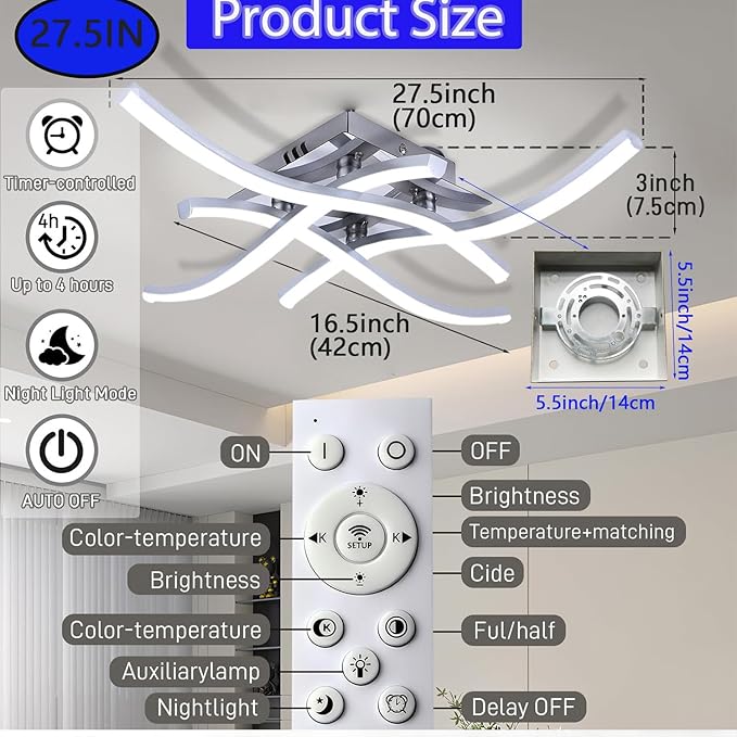 27.5Inch Modern LED Ceiling Light Fixture, 36W Stepless Dimming Curved Wave Ceiling Lamp with Remote for Bedroom, Kitchen, Hallway, Foyer Library Dining Room Silver