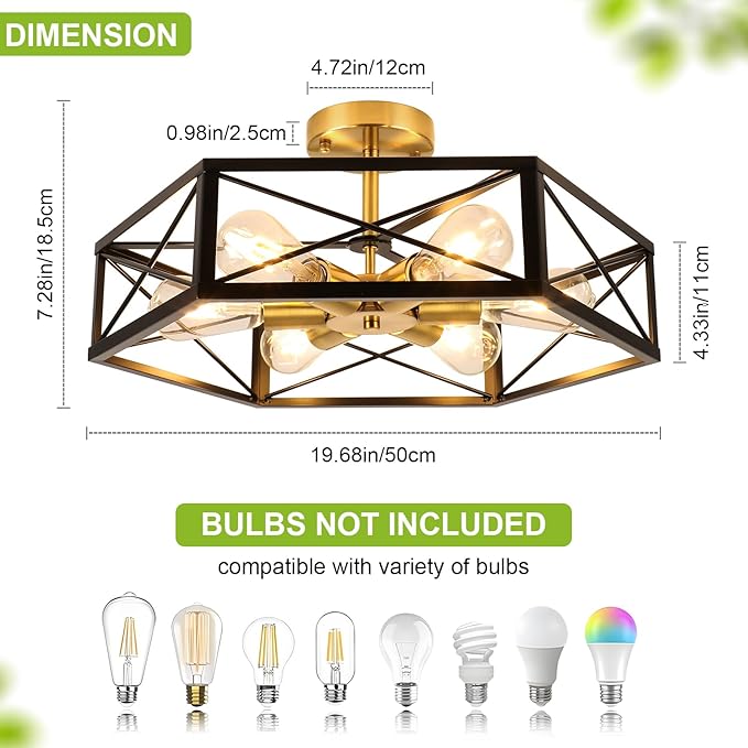 WILON Industrial Semi Flush Mount Ceiling Light, 19.68" Dining Room Light Fixture Farmhouse 6-Light Kitchen Lighting Fixtures Ceiling Mount Black and Gold Light Fixture for Hallway Kitchen Foyer