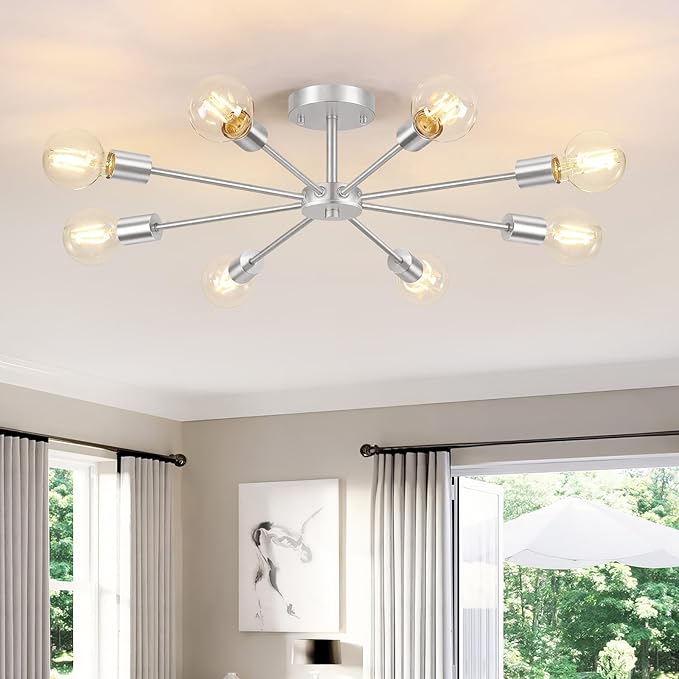 Lomoky 8-Lights Brushed Nickel Semi Flush Mount Ceiling Light Fixture, Modern Sputnik Hallway Light Fixtures Ceiling, E26 Close to Ceiling Lighting for Bedroom Dining Room Hallway