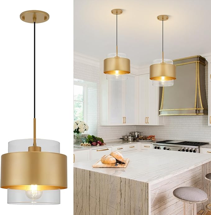 9.8" Gold Pendant Lights Kitchen Island, Farmhouse Pendant Lighting with Clear Glass Shade, Industrial Hanging Pendant Lights Fixture for Kitchen Island Dining Room Hallway