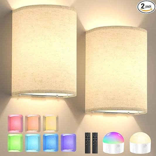 Battery Operated Wall Sconce Set of Two: 10000mAh Wireless Wall Light with Rechargeable Magnetic Bulb - Dimmable Wall Lamp with 7 RGB Colors - Linen Shade Sconces with Remote for Bedroom Living Room
