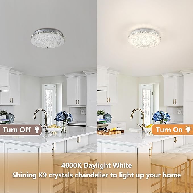 Crystal Ceiling Light Fixture LED Crystal Flush Mount Ceiling Light 4000K Dimmable Semi Flush Mount for Hallway Bedroom Laundry Bathroom Round 24W 2640LM 14"