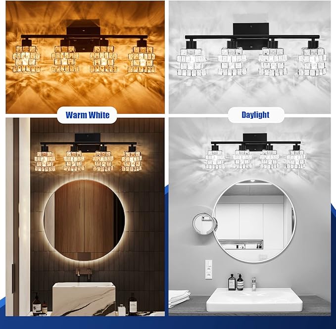 4 Lights Bathroom Vanity Light, Crystal Bathroom Light Fixture Over Mirror, Matte Black & Crystal Indoor Wall Lights | Chrome Glass Modern Lampshade for Sink, Mirror & Foyer Corridor