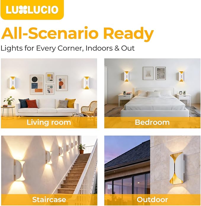 2pack White&Gold Wall Lights Modern up and Down LED Living Room Wall Light, IP65 Waterproof, 2700K-5000K 5 Color Selectable, 1200LM, 120V, CRI90+, 5-100% Dimmable, ETL FCC
