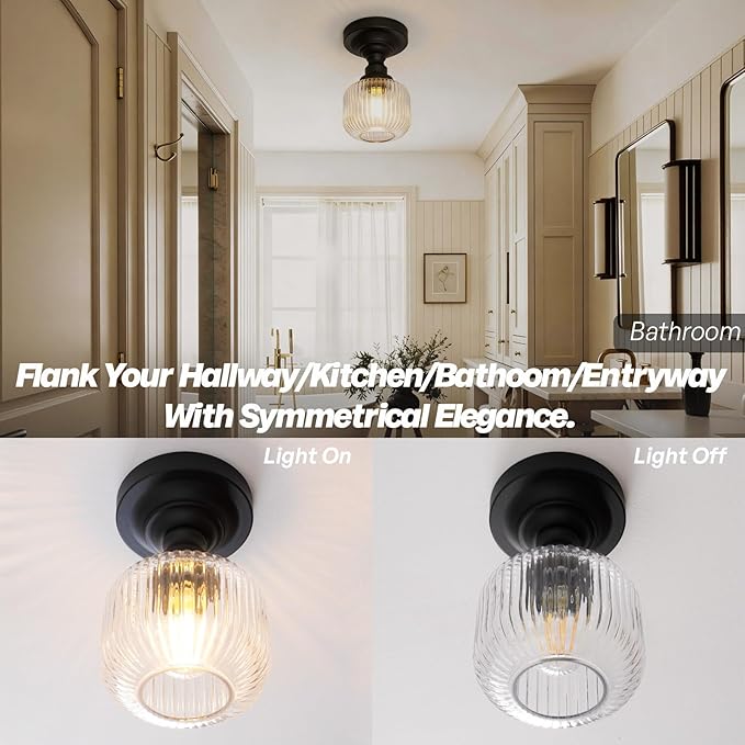 Modern Schoolhouse Semi Flush Mount Ceiling Light with Clear Ribbed Glass Lampshade, Industrial Close to Ceiling Light Fixture for Farmhouse Bedroom Entryway Stairs