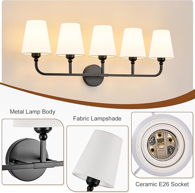 Bathroom Vanity Light, Matte Black Bathroom Light Fixtures, 5-Light Lighting Fixtures Over Mirror, Modern Wall Sconce with Flared White Fabric Shade, E26 Socket(ETL Listed)