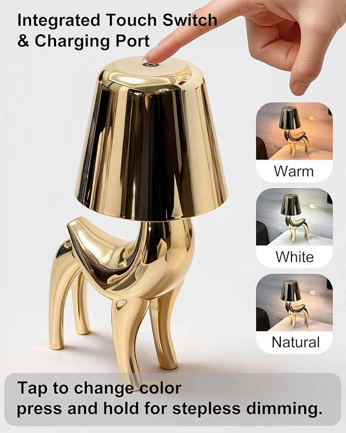 Deer Cordless Table Lamp, Touch Control Bedside Night Light with 3 Colors & Stepless Dimming, 1800mAh Rechargeable Gold Animal Lamp for Bedroom, Nursery, Home Decor, Gift for Kids & Women