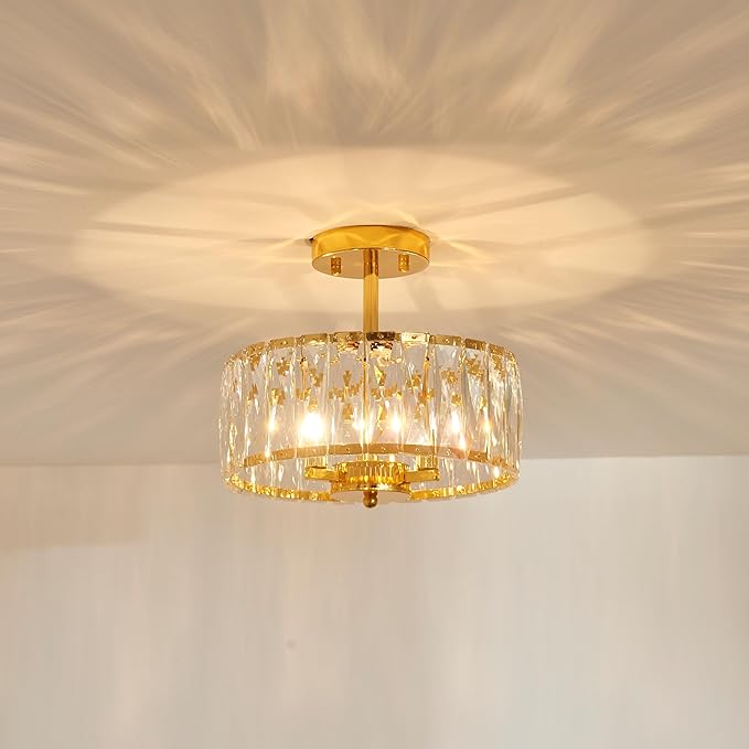 Crystal Ceiling Light, 3-Light Modern Semi-Flushmount Ceiling Light for Living Room, Dinning Room Hallway, D12xH9inch, Gold Finish Frame & K9 Crystal