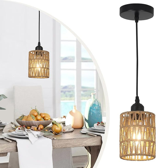 LAMSU 1-Light Rattan Pendant Lights, Boho Farmhouse Pendant Lighting with 4.7×5.9in Hand Woven Shade, Small Wicker Light Fixture Ceiling Hanging for Dining Room Kitchen, Height Adjustable up to 61in