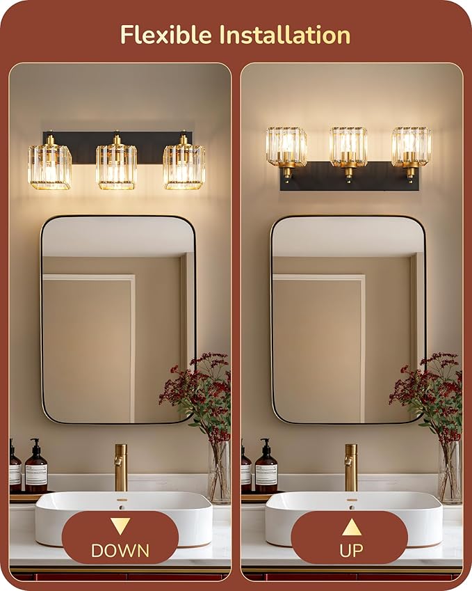 EDISHINE Bathroom Light Fixtures, 20.47'' Crystal Bathroom Vanity Lighting Fixtures Over Mirror, 3 Light Vanity Lights for Bath, Powder Room, Black and Gold, E26 Base