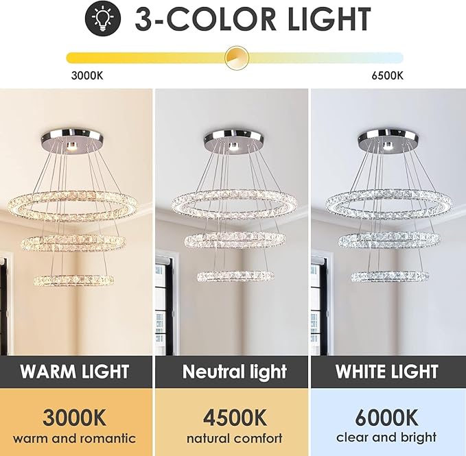 CXGLEAMING Modern Chandeliers Crystal Ceiling Light 3 Rings Dimmable LED Pendant Light Fixture Ceiling Hanging for Living Room Dining Room Bedroom Kitchen 250mm Base 209 Crystals(Dimmable)