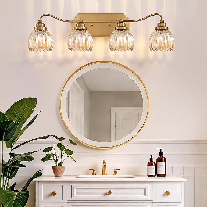 Vintage Bathroom Light Fixtures, 4 Light Gold Bathroom Vanity Light, Matte Antique Brass Finish with Amber Crystal Glass Shade, Wall Sconces Lighting for Bedroom, Living Room（Amber-colored Glass）