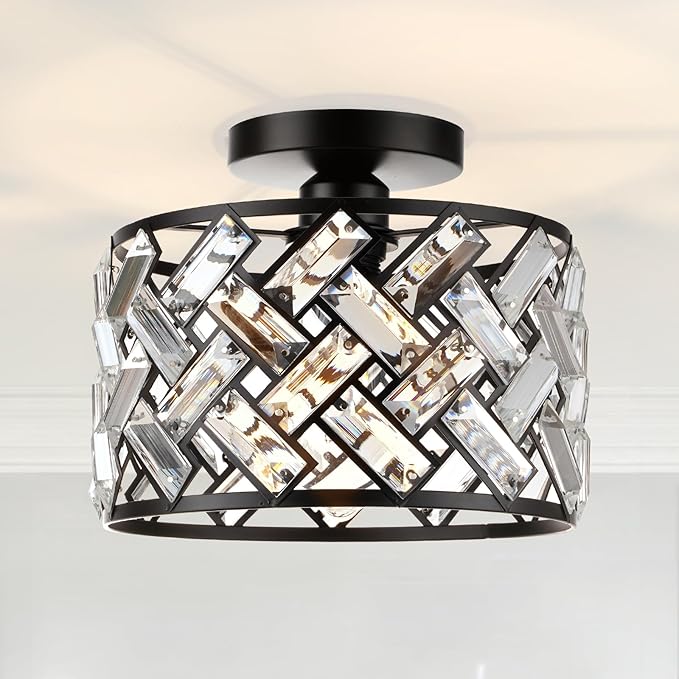 FRIDEKO HOME Crystal Light Fixture Ceiling Mount - Black Hallway Light Fixtures Crystal Semi Flush Mount Ceiling Lights for Kitchen Bedroom Bathroom Entryway（8.86 Inch, Bulb not Included）