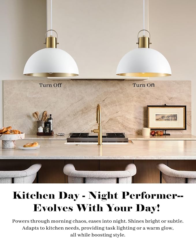 White and Gold Pendant Light 2 Pack, 11.8 Inch Dome Pendant Lights Kitchen Island, White Farmhouse Pendant Lights for Kitchen Island, Dining Room, Living Room