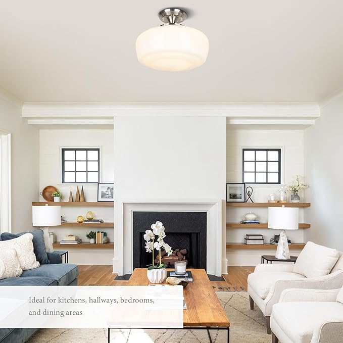 Large Schoolhouse Style Semi Flush Mount Ceiling Light Fixture, 14" Modern Hallway Ceiling Lamp with Opal Milk Glass Shade, Farmhouse Globe Light for Bedroom Kitchen Hallway Entryway, ROS588L SN