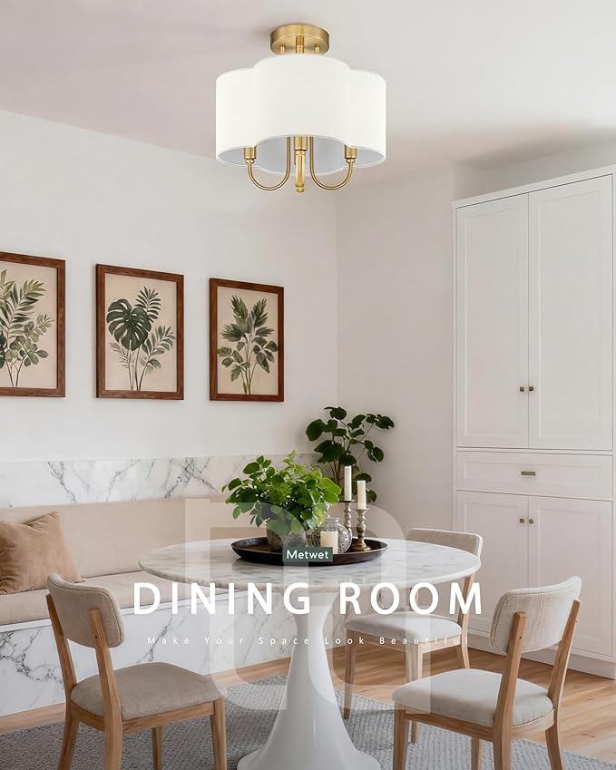 Gold Semi Flush Mount Ceiling Light, 13.5" 4-Light Light Fixtures Ceiling Mount with Beige Fabric Shade in Quatrefoil for Kitchen Nursery Entryway Hallway Bedroom, E12 Base, SM179-BG-B