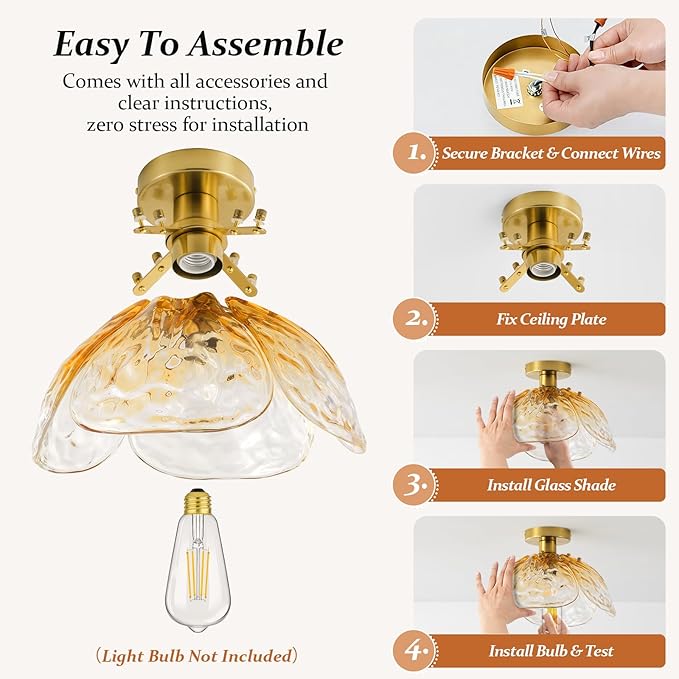 Vintage Semi Flush Mount Ceiling Light,Bronze Ceiling Light Fixtures with Gradient Amber Handmade Leaf Glass for Bedroom,Kitchen,Hallway,Entryway