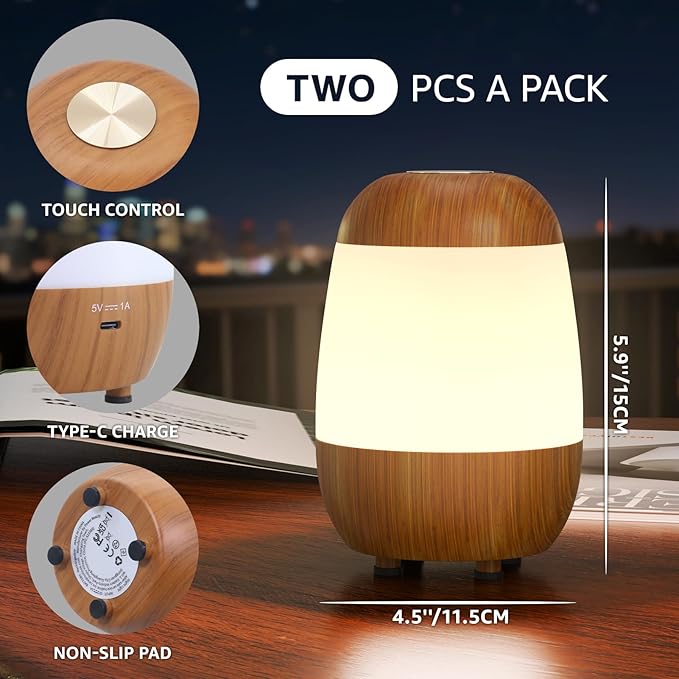 uuffoo 2 Pack Rechargeable Night Light Lamp 3 Color Touch Dimmable LED Portable Table Lamp Battery Operated, USB Changing, Small Cordless Lamp for Bedside Bedroom Travel