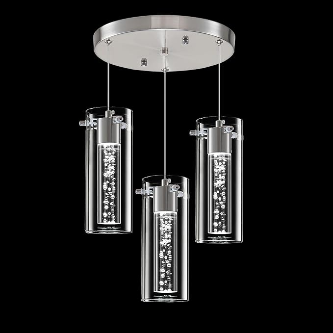 Pendant Lights Kitchen Island, 3-Light Brushed Nickel Pendant Light Fixtures, Cluster Kitchen Island Lights, LED 6000K Pendant Lighting, Modern Hanging Light Fixture for Dining Room Living Room