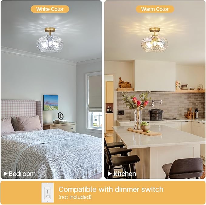 12" Iridescent Rainbow Hammered Glass Ceiling Light, 3-Light Semi Flush Mount Fixture, Modern Gold Lighting for Bedroom, Hallway, Kitchen, Dining Room, Living Room, Foyer