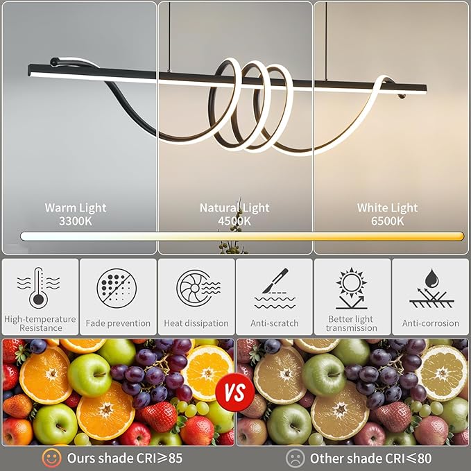 47.24" LED Pendant Lights, 3300k-6500K Adjustable Color Temperature Hanging Pendant Lighting, Chandelier Dimmable with Remote Control, Aluminum Island Lighting Lamp Fixture