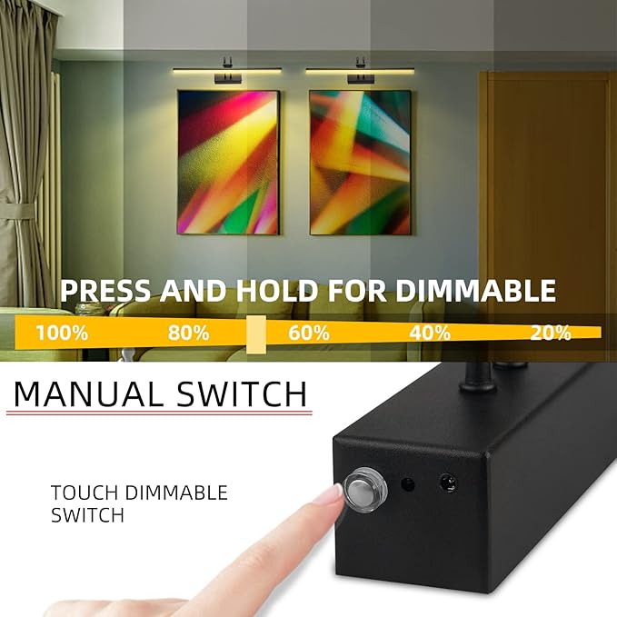 RAIFOOLLY Picture Light, Cordless Picture Lights for Wall, 16 Inch Picture Lights with Timer and Dimmable, 5000mAh Battery Wall Lights for Display Gallery Painting Art Frame Portrait - Black, Metal